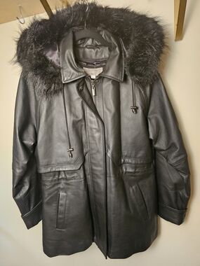 Y2k Genuine Leather Parka Jacket With Faux Fur Hood